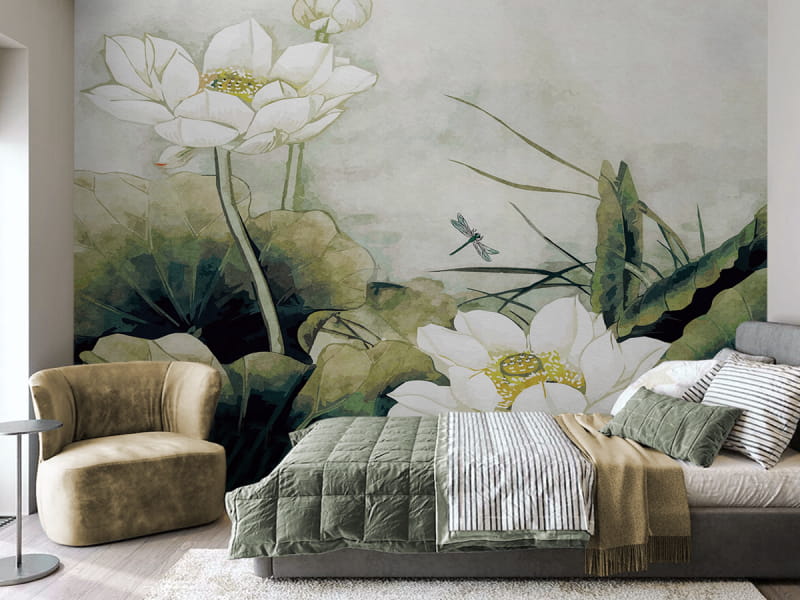 Fototapeta Białe kwiaty lotosu we wnętrzu pokoju nastolatka