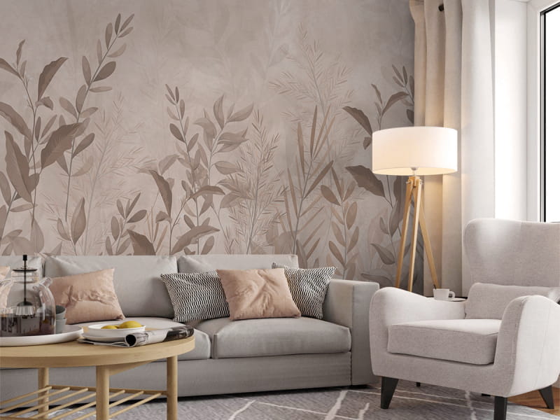 Fototapeta Beżowe liście, wzór we wnętrzu salonu
