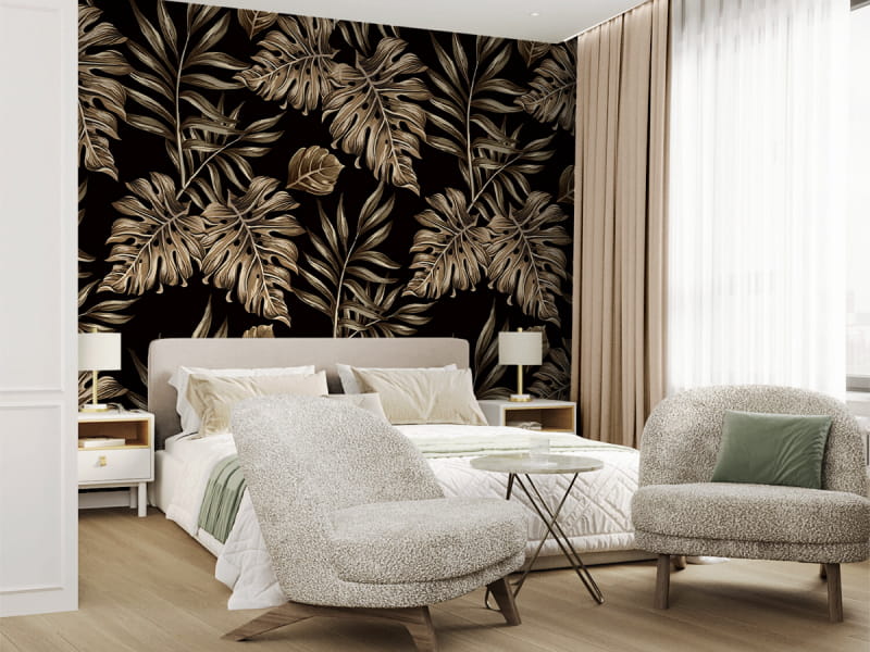 Fototapeta Złote liście tropików we wnętrzu sypialni