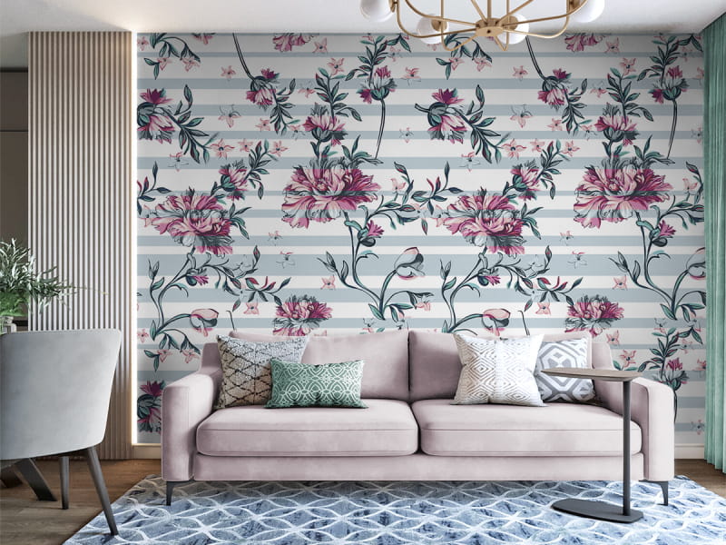 Fototapeta Liliowe piwonie we wnętrzu salonu