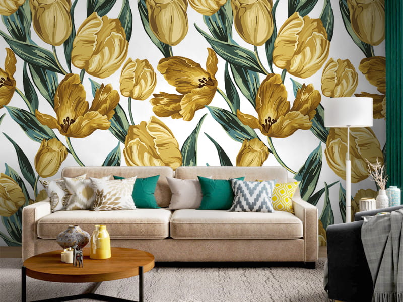 Fototapeta Żółte tulipany, rysunek we wnętrzu salonu