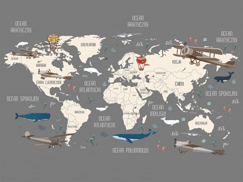 Fototapeta Mapa z samolotami i zwierzętami