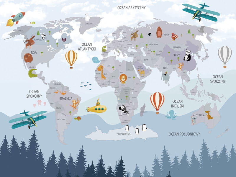Fototapeta Niebieska mapa świata ze zwierzętami