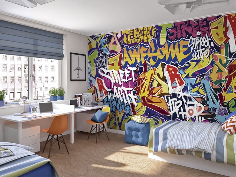 Fototapeta Kolorowa ściana graffiti we wnętrzu pokoju nastolatka
