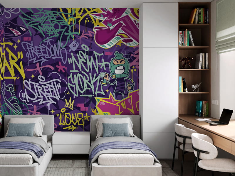 Fototapeta Fioletowe graffiti we wnętrzu pokoju nastolatka