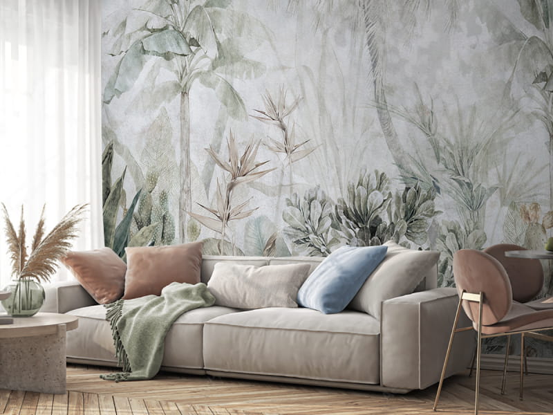 Fototapeta Akwarelowa dżungla we wnętrzu salonu