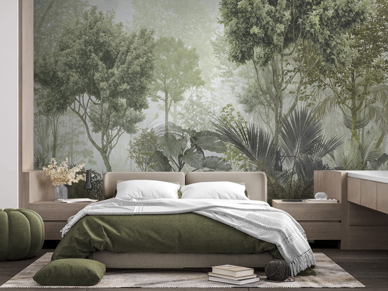 Fototapeta Las spowity poranną mgłą we wnętrzu sypialni