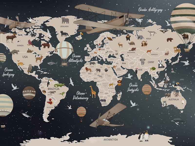 Fototapeta Mapa świata zwierząt w języku polskim