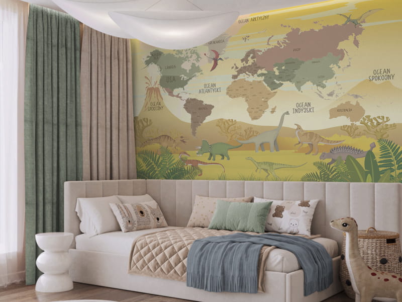 Fototapeta Mapa świata z dinozaurami we wnętrzu pokoju dziecka