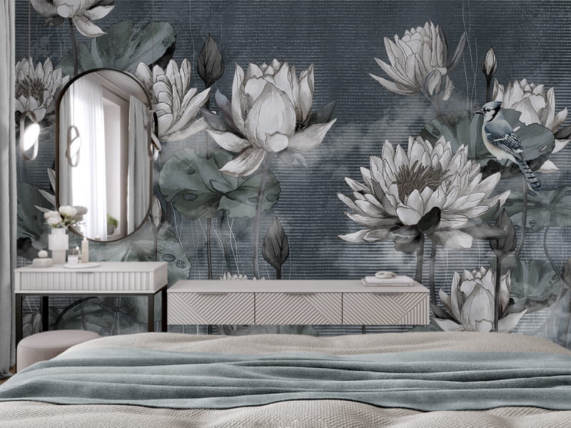 Fototapeta Białe lotosy na szarym tle we wnętrzu sypialni