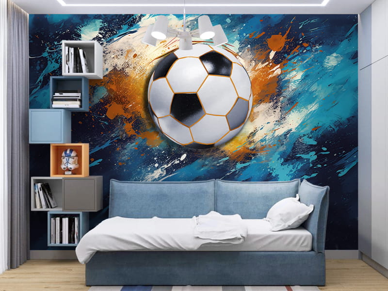 Fototapeta Piłka nożna w ruchu we wnętrzu pokoju nastolatka