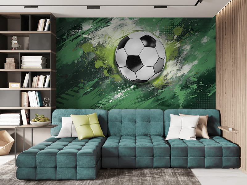 Fototapeta Piłka nożna na zielonym tle we wnętrzu pokoju nastolatka
