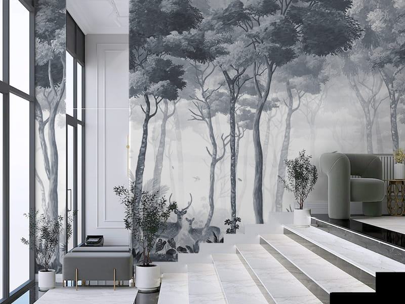 Fototapeta Krajobraz leśny z jeleniami we wnętrzu kawiarni