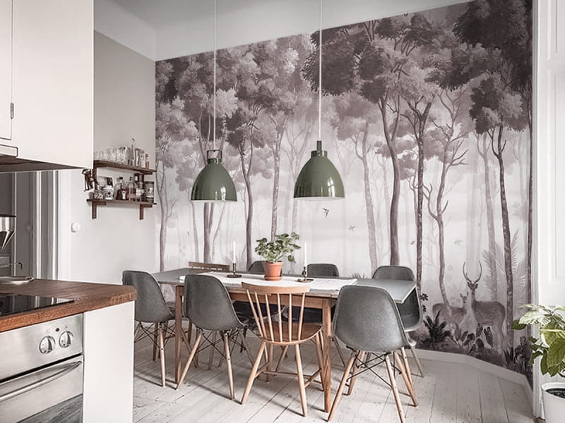 Fototapeta Mglisty krajobraz leśny we wnętrzu kuchni