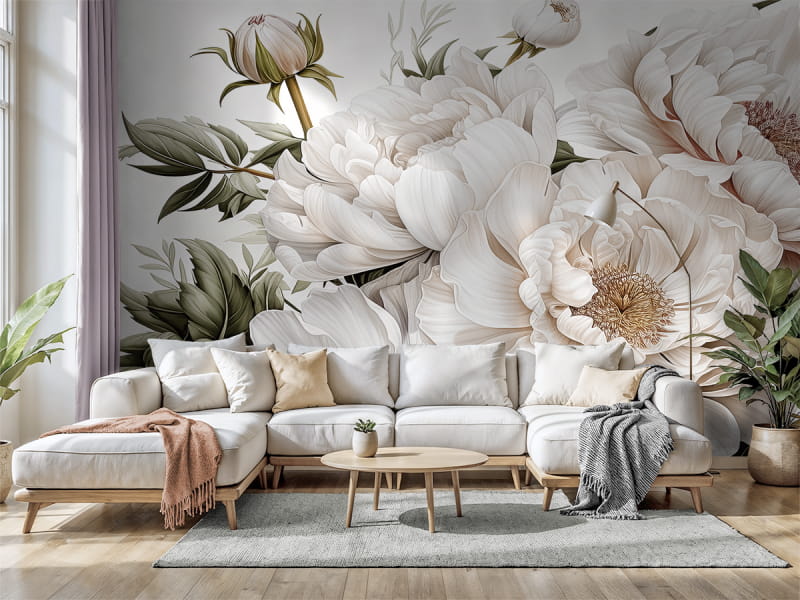 Fototapeta Piwonie w rozkwicie we wnętrzu salonu