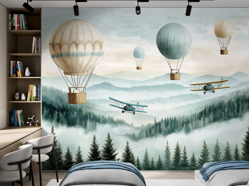 Fototapeta Balony nad mglistym lasem we wnętrzu pokoju nastolatka