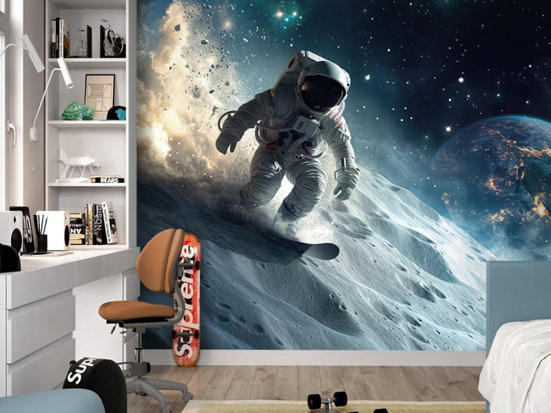 Fototapeta Astronauta na snowboardzie we wnętrzu pokoju nastolatka