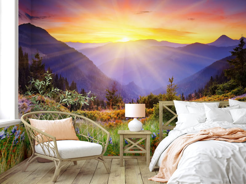Fototapeta Różowy zachód słońca we wnętrzu sypialni