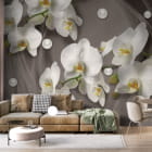 Miniatura fototapety Białe orchidee 3D we wnętrzu salonu