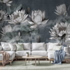 Miniatura fototapety Białe lotosy na szarym tle we wnętrzu salonu