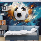 Miniatura fototapety Piłka nożna w ruchu we wnętrzu pokoju nastolatka