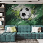 Miniatura fototapety Piłka nożna na zielonym tle we wnętrzu pokoju nastolatka