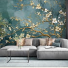 Miniatura fototapety Kwitnąca gałąź na zielonym tle we wnętrzu salonu