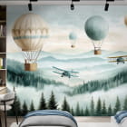 Miniatura fototapety Balony nad mglistym lasem we wnętrzu pokoju nastolatka